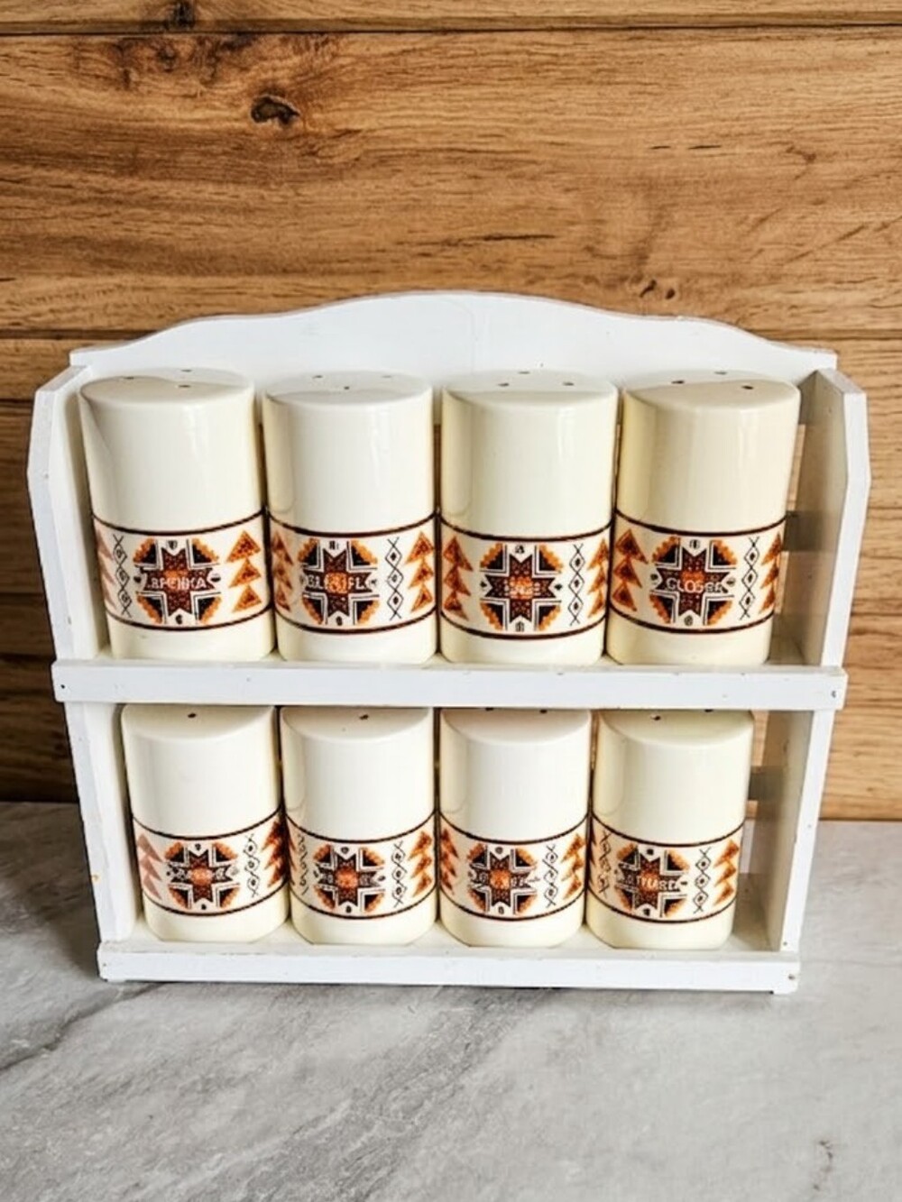 VTG 70s Boho Ceramic Spice Shaker Set w/ Wooden Shelf Made in Japan